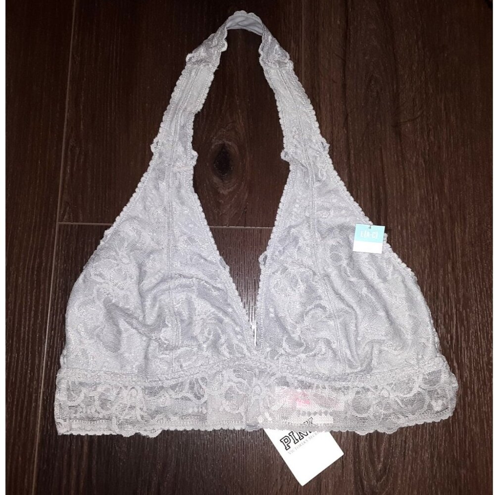 Victoria's Secret PINK Unlined Halter Bralette Size Large (A-C Cup) Grey Lace